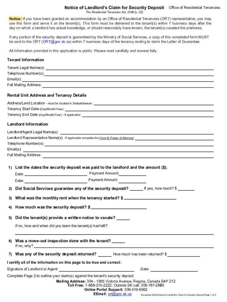  Notice of Landlord's Claim for Security Deposit 2022-2026