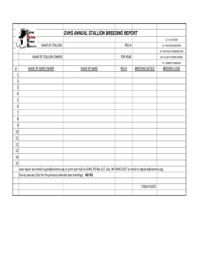 GVHS ANNUAL STALLION BREEDING REPORT  Form