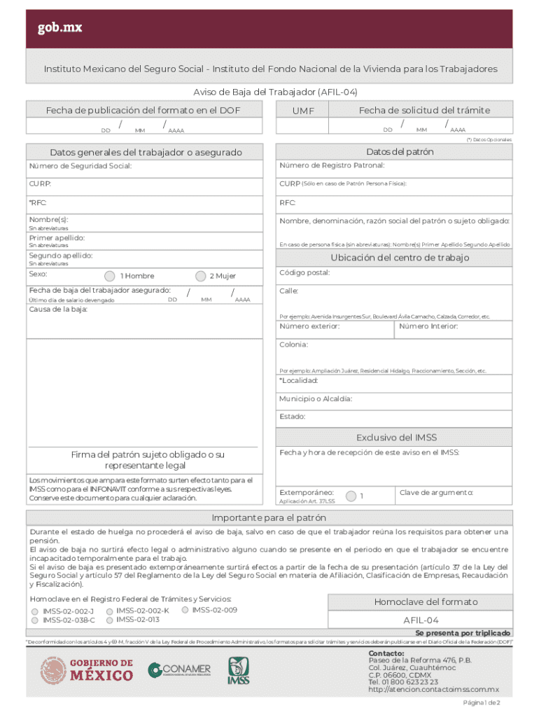 Aviso De Baja Del Trabajador AFIL 04  Form