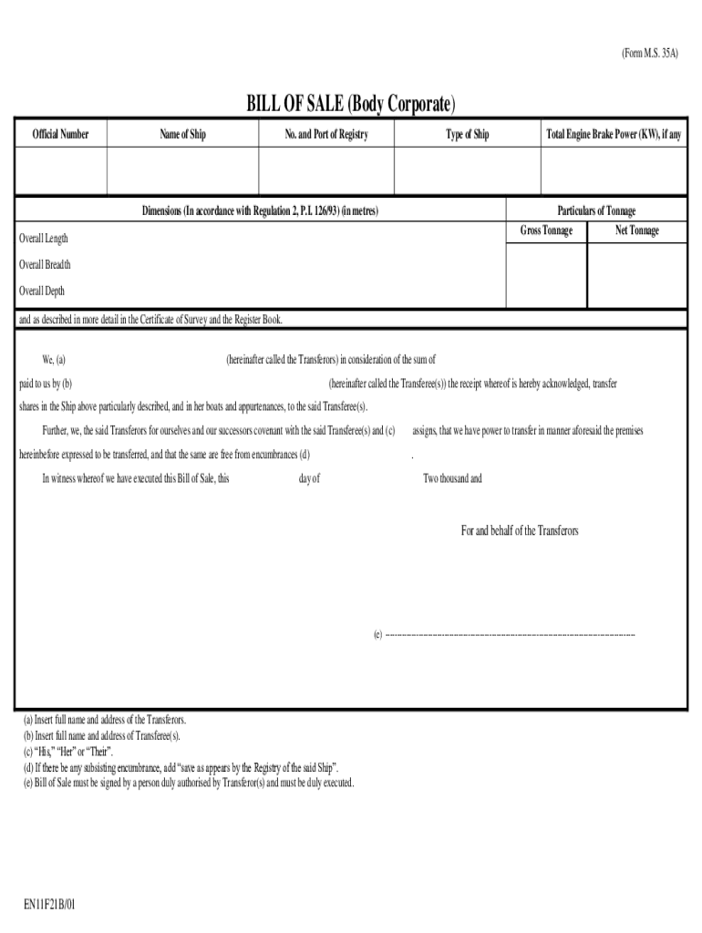 Form MS 35A BILL of SALE Body Corporate