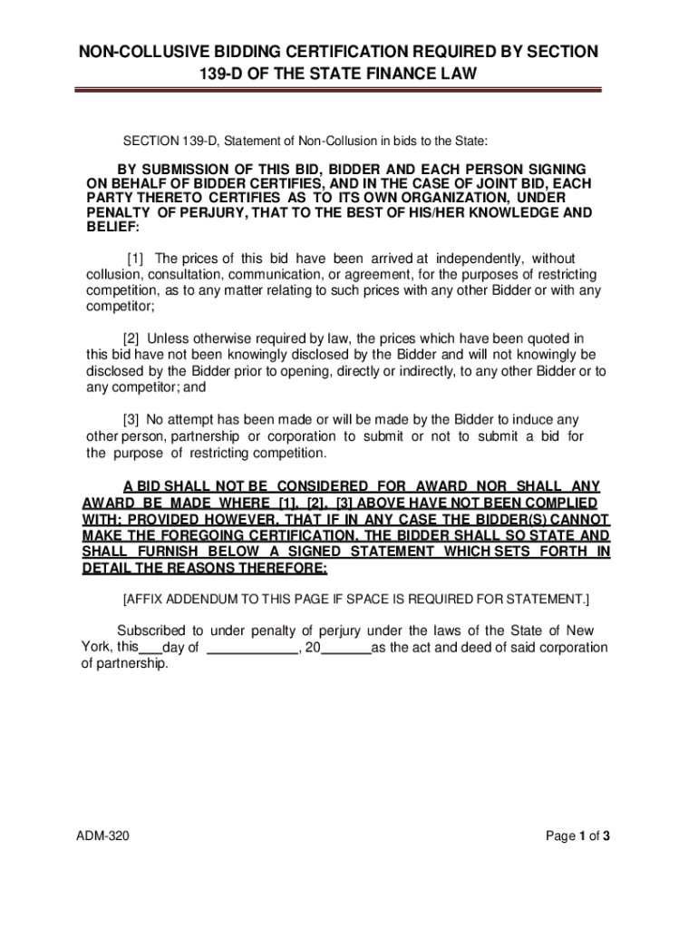 NON COLLUSIVE BIDDING CERTIFICATION REQUIRED BYSECTION 139 D of the STATE FINANCE LAW 2015-2025