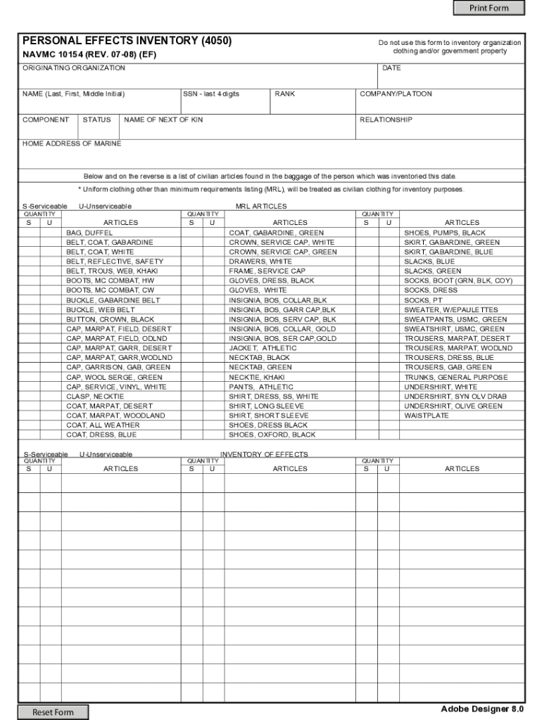 U S DOD Form Dod Navmc 10154