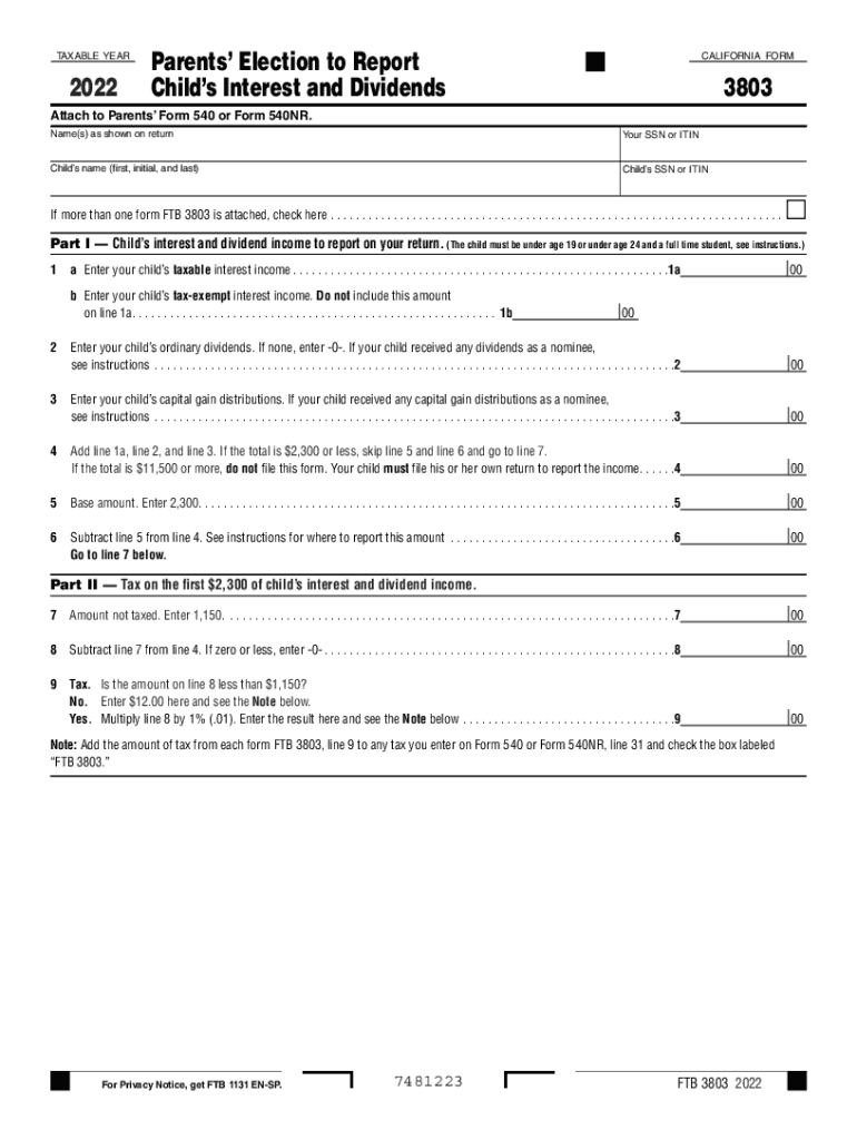 Form 3803 Parents&#039; Election to Report Child&#039;s Interest and Dividends Form 3803 Parents&#039; Election to Report Child&