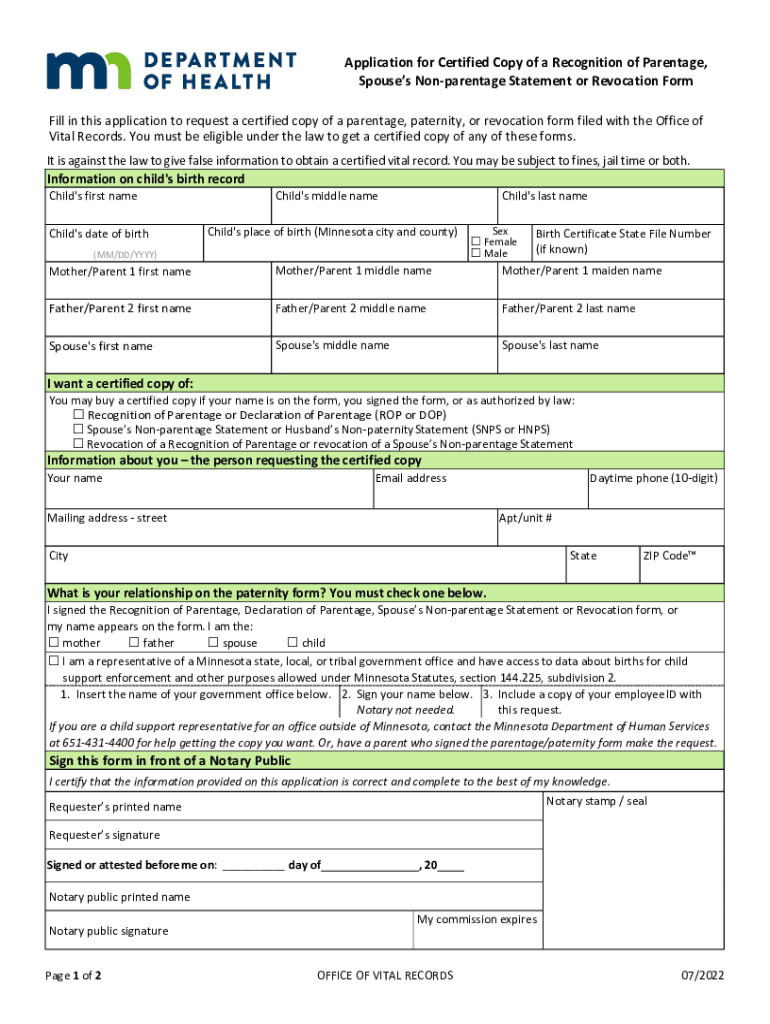  Application for Certified Copy of a Recognition of Parentage 2022-2024