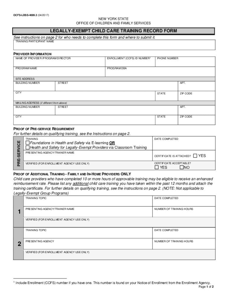 Legally Exempt Child Care Provider Training Record Form