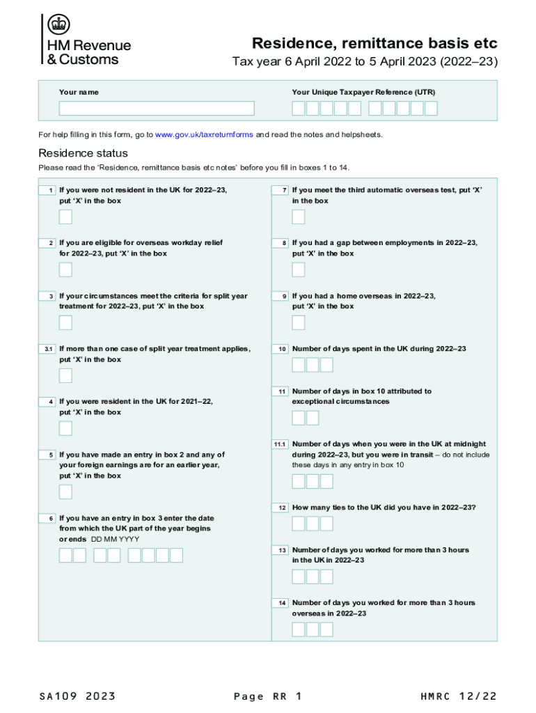  Residence, Remittance Basis Etc Use the SA109 Supplementary Pages to Declare Your Residence and Domicile Status and Claim Person 2023-2024