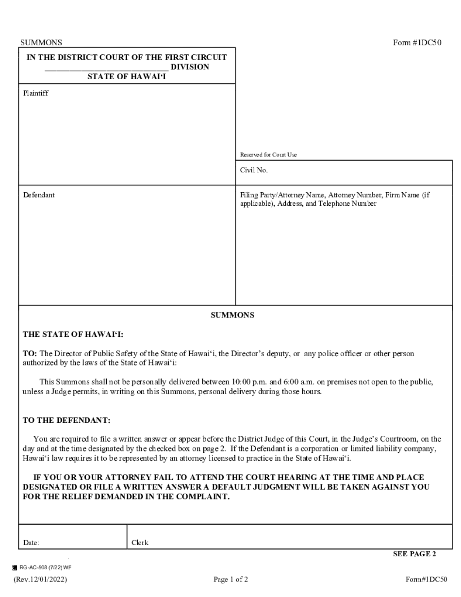  District Court Forms for Oahu First Circuit Civil Claims 2022-2024