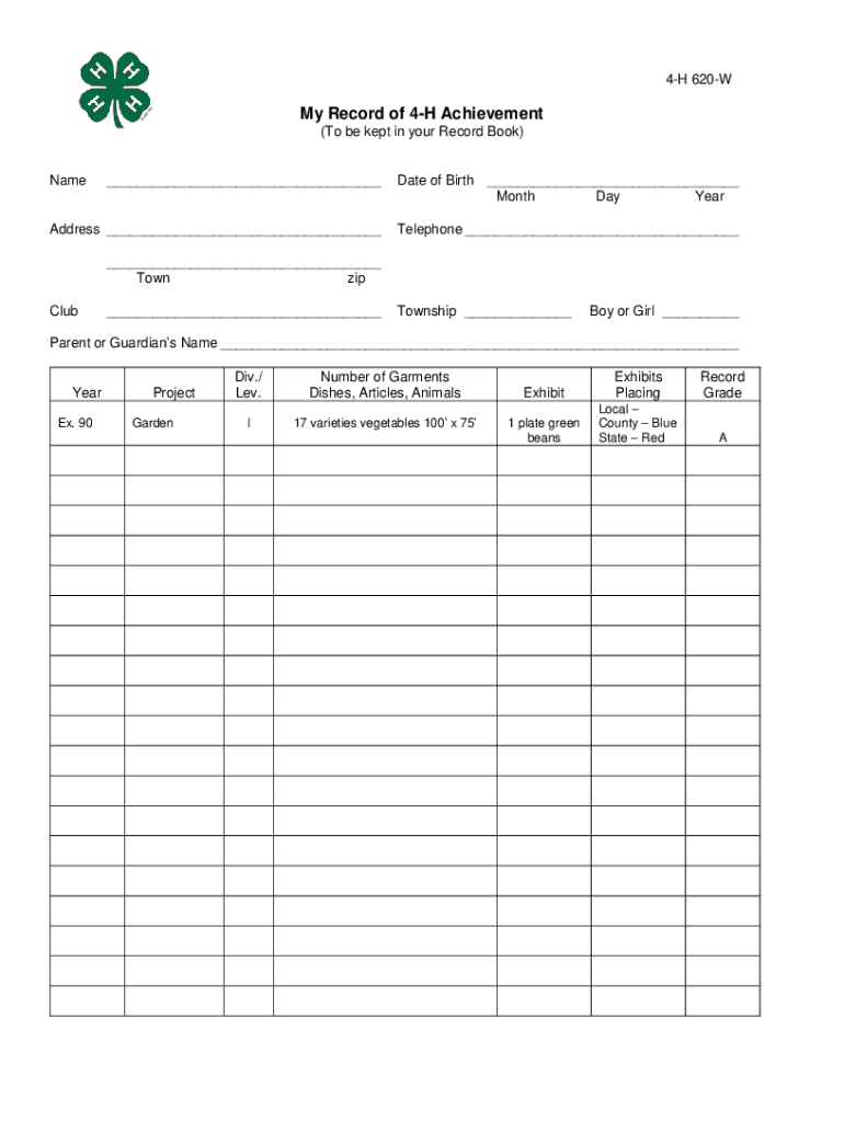  4H 620WMy Record of 4H Achievement to Be Kept in 2021-2024