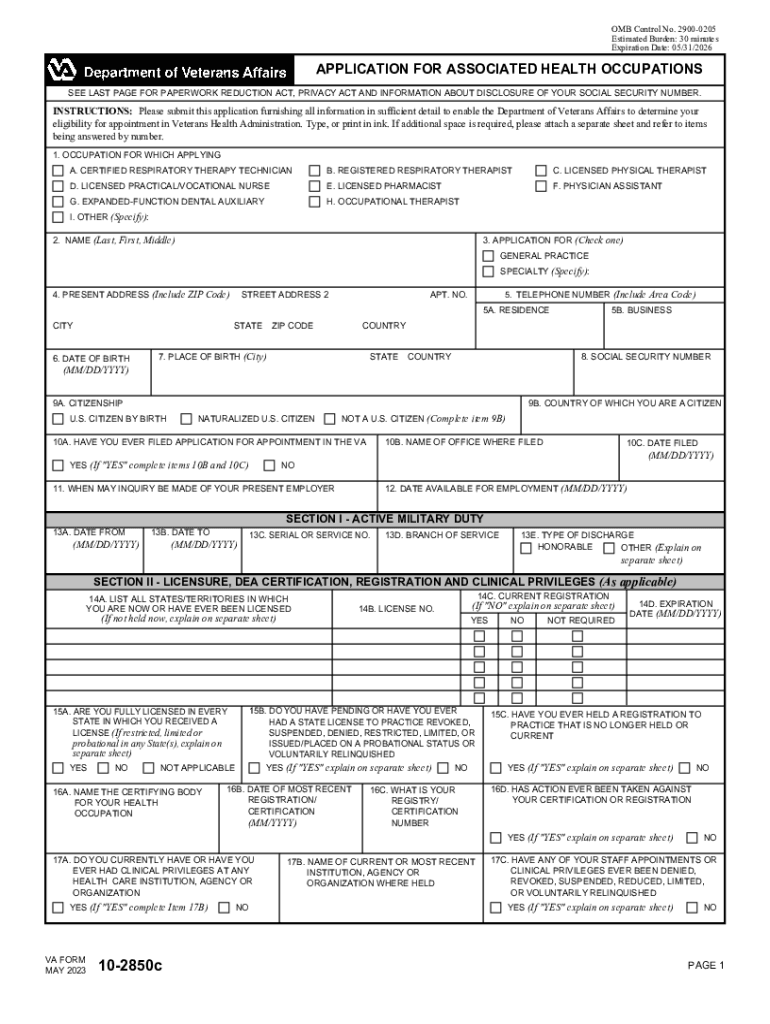  VA Form 10 2850c APPLICATION for ASSOCIATED HEALTH OCCUPATIONS 2023-2024