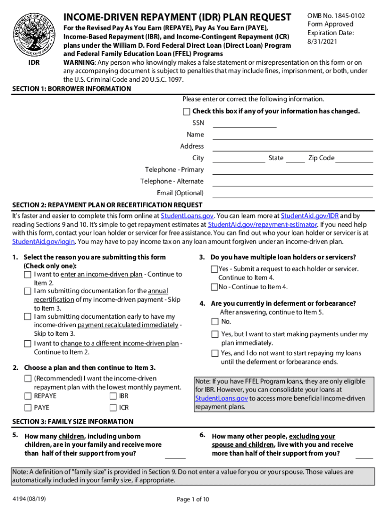 Income Driven Repayment IDR Plan Request  Form