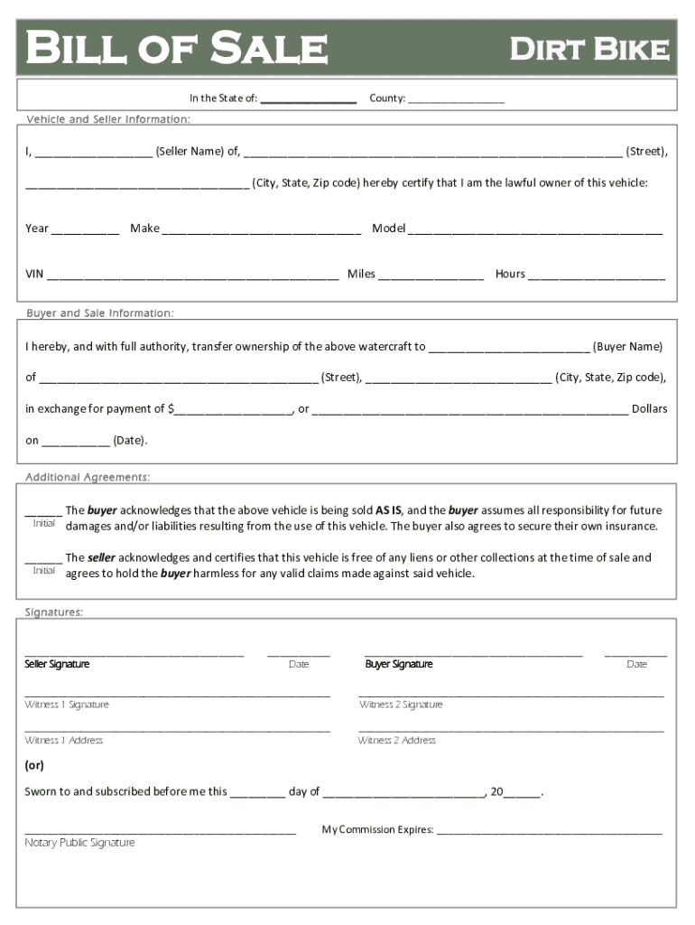 Dirt Bike Bill of Sale Template  Form