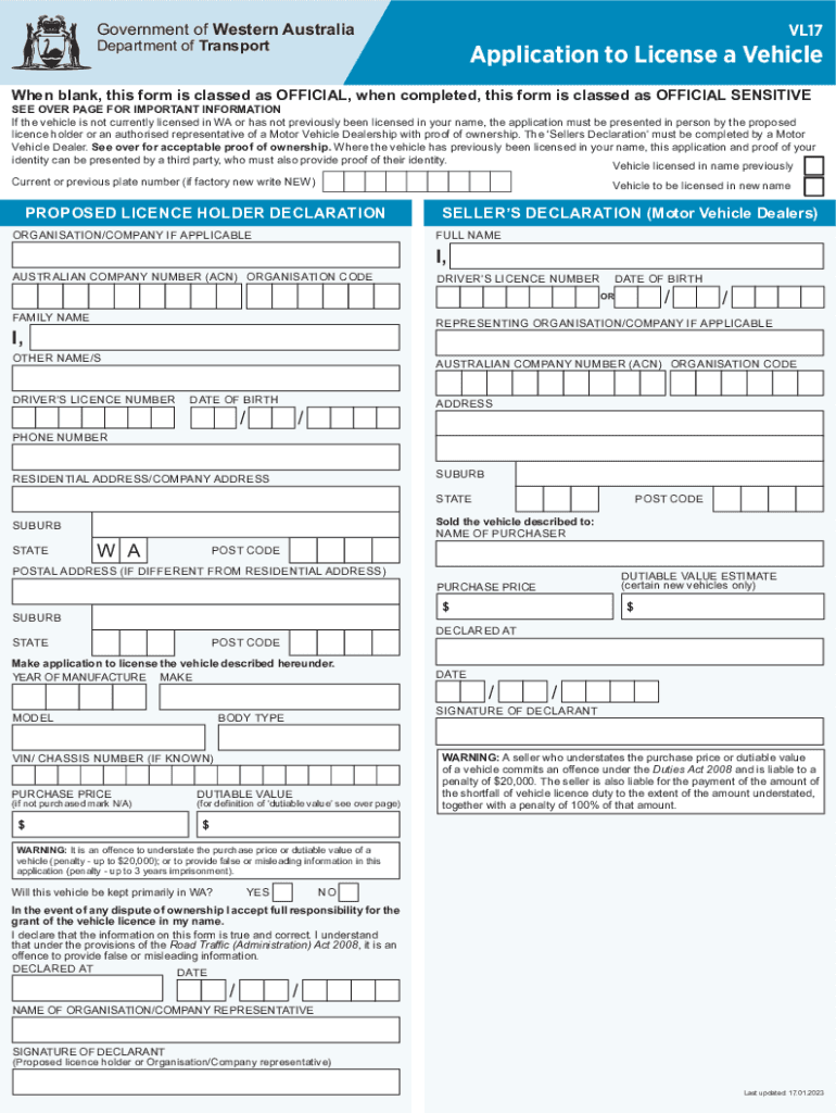  Application to License a Vehicle Form VL17 Application to License a Vehicle Form VL17 2023-2024