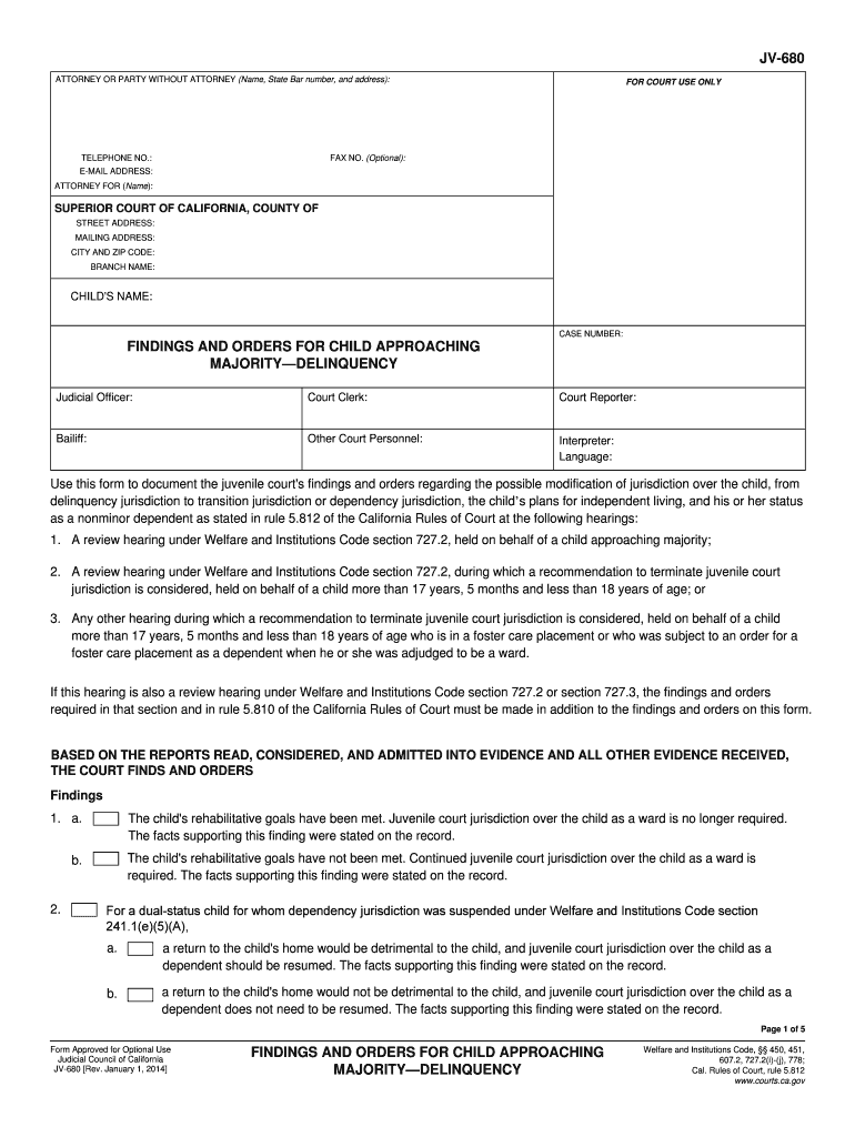  JV 680 FINDINGS and ORDERS for CHILD APPROACHING Judicial Council Forms  Courts Ca 2012