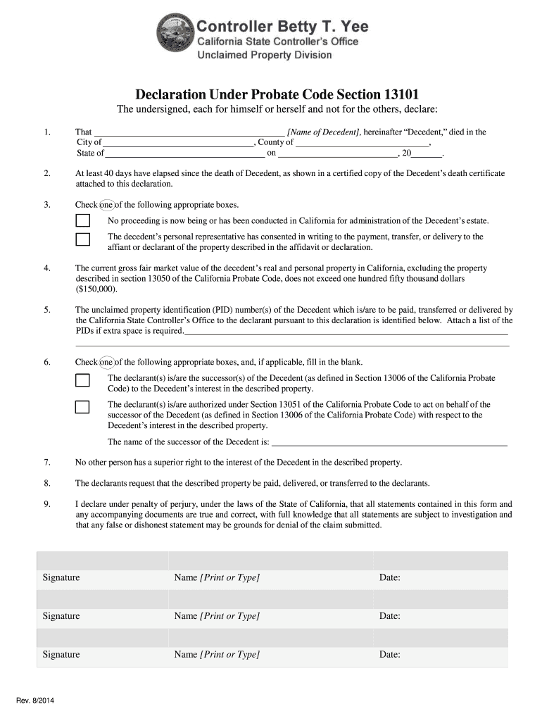  Declaration under Probate Code Section 13101 2014