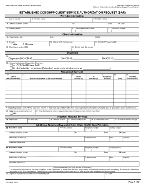 ESTABLISHED CCSGHPP CLIENT SERVICE AUTHORIZATION REQUEST SAR Dhcs Ca  Form