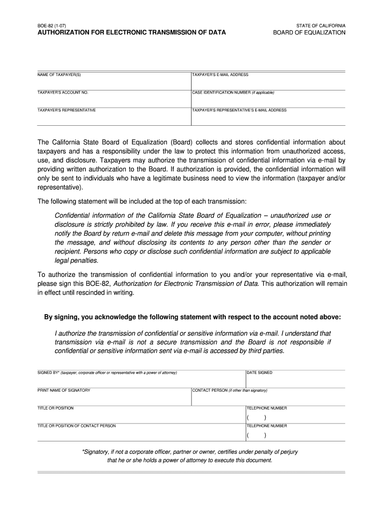  BOE 82 Authorization for Electronic Transmission of Data BOE 82 Authorization for Electronic Transmission of Data Boe Ca 2020