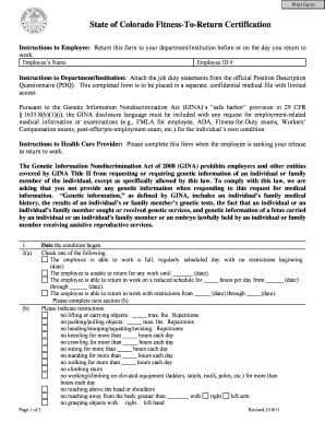 Print Form State of Colorado Fitness to Return Certification Instructions to Employee Return This Form to Your Departmentinstitu