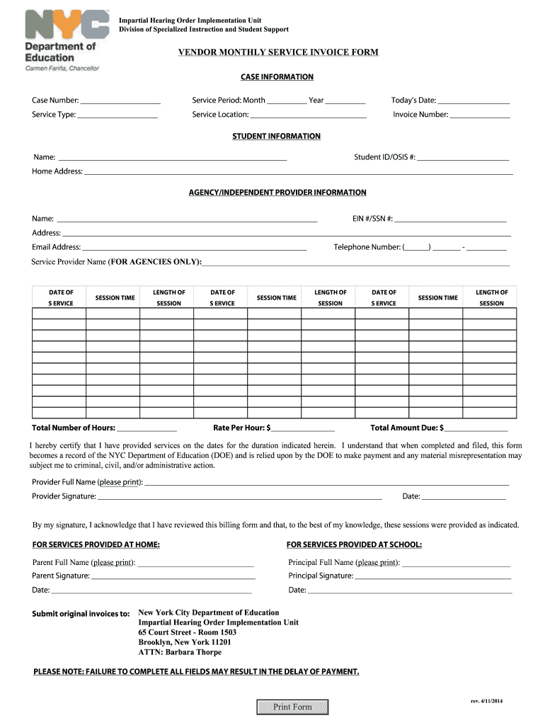 Vendor Monthly Service Invoice  Form