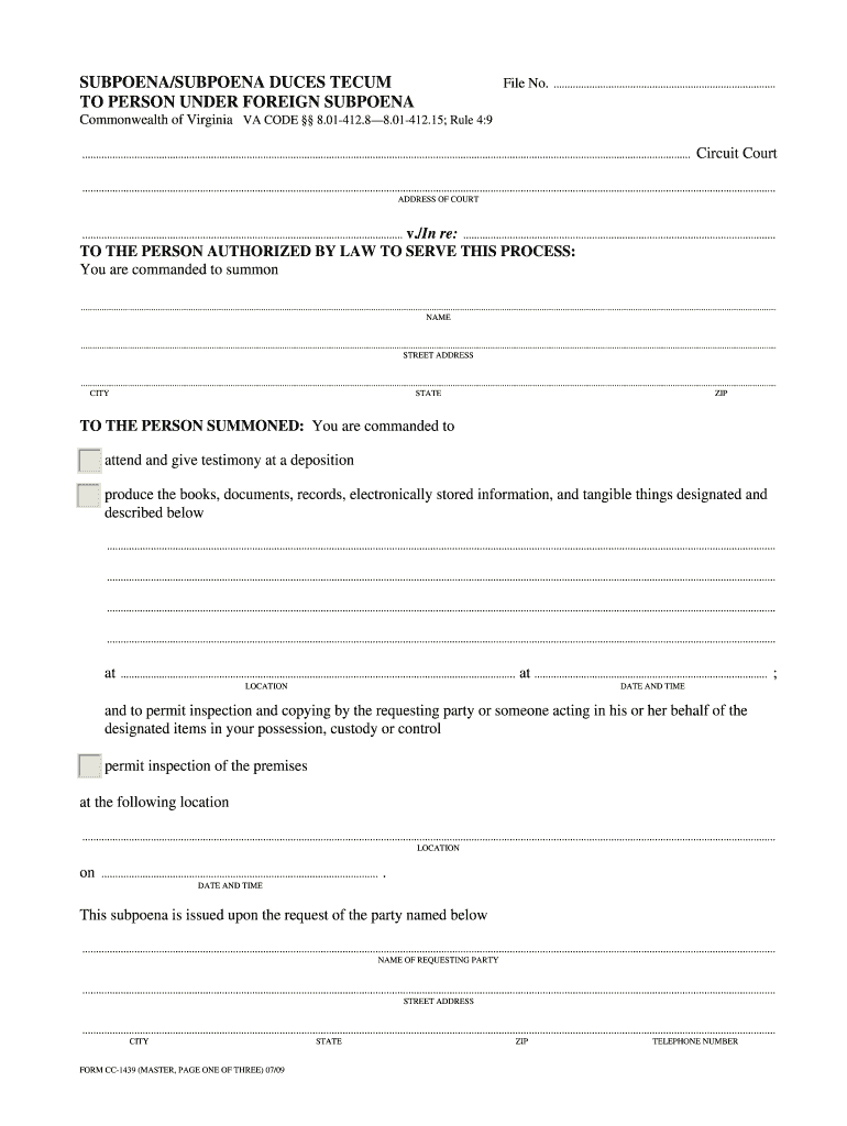 Fairfax County District Court Foreign Subpoena  Form