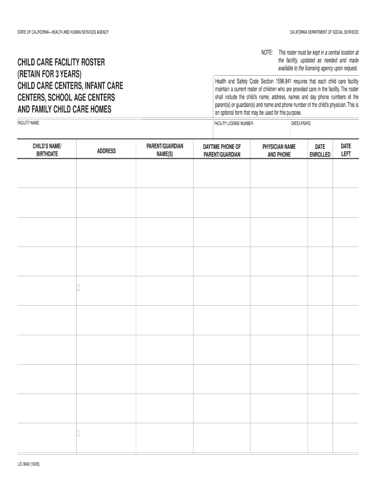 Child Care Facility Roster  Form