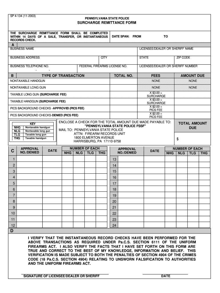  Pennsylvania State Police  Surcharge Remittance Form  SP4 134 2003
