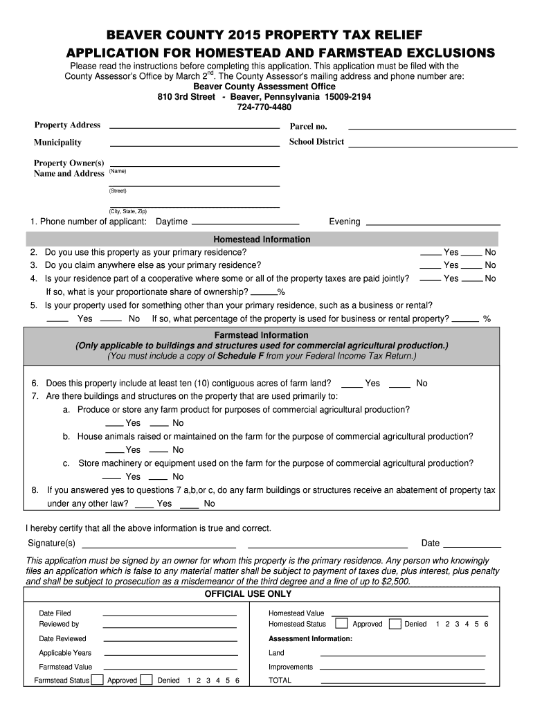 Get and Sign Beaver County Homestead Exemption 2015-2022 Form