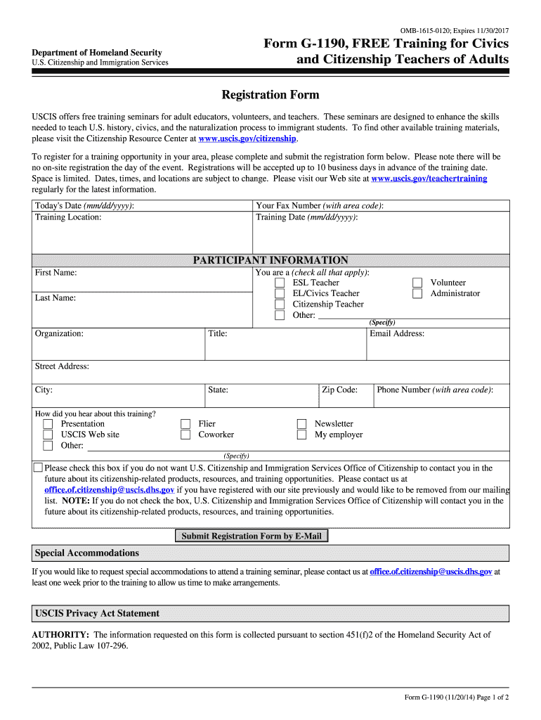  Registration Form Form G 1190, Training for Civics and Uscis 2014