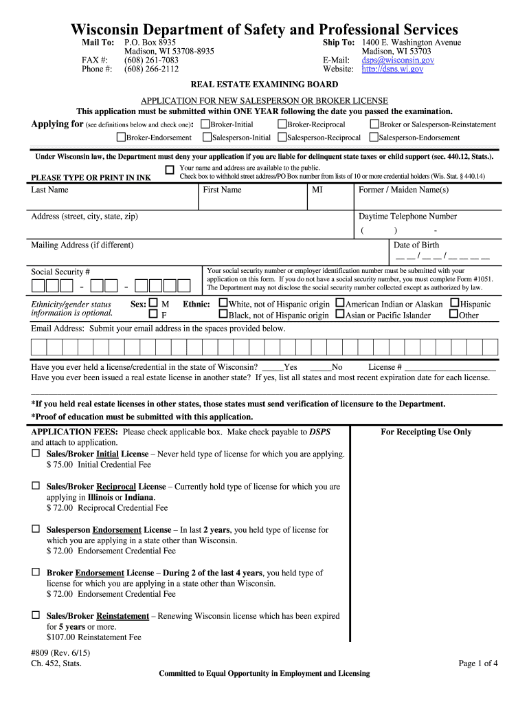  Form 809, Application for New Salesperson or Broker License Dsps Wi 2015