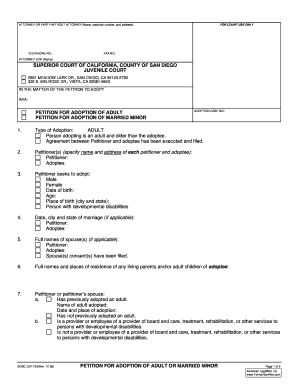 Petition for Adoption of Adult or Married Minor Superior Court, San Sdcourt Ca  Form