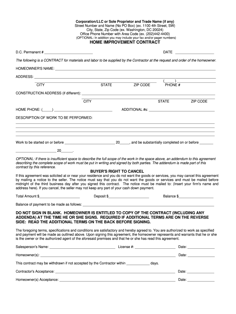 Washington Home Improvement Contract  Form