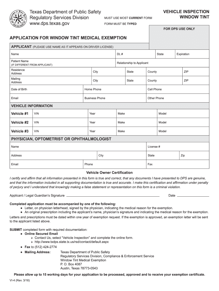  Window Tint Exemption Form Texas 2016-2024