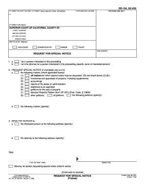 DE 154 REQUEST for SPECIAL NOTICE Probate Judicial Council Forms Courts Ca