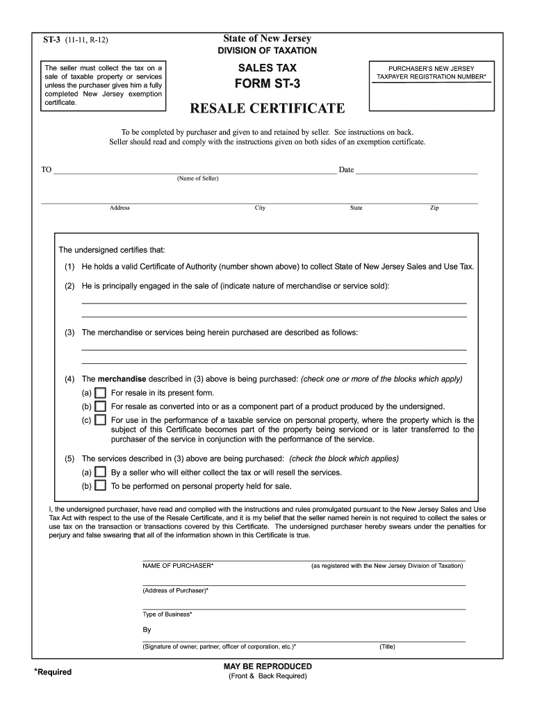  Form ST 3 Resale Certificate State of New Jersey Nj 2017