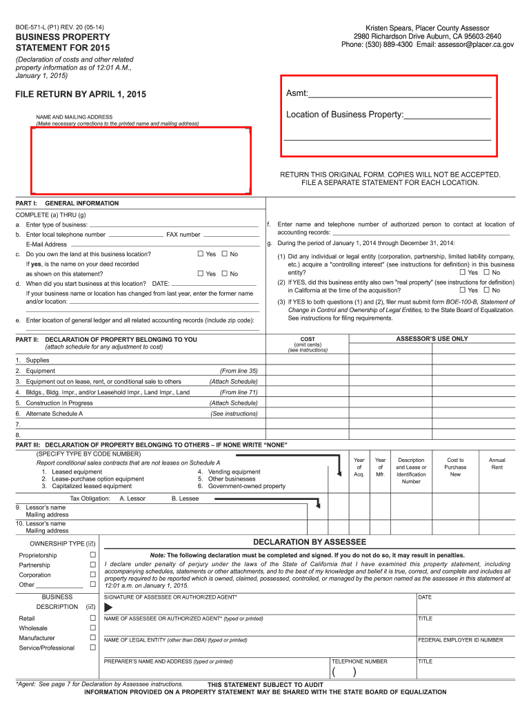  Business Property Statement BOE 571 L and BOE Placer County Placer Ca 2017