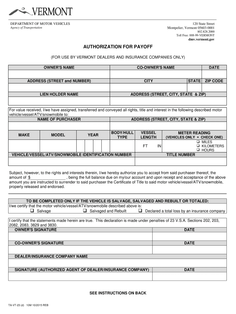  Authorization for Payoff  Vermont Department of Motor Vehicles  Dmv Vermont 2012-2024