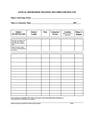 ANNUAL REFRESHER TRAINING RECORDCERTIFICATE MSHA  Form