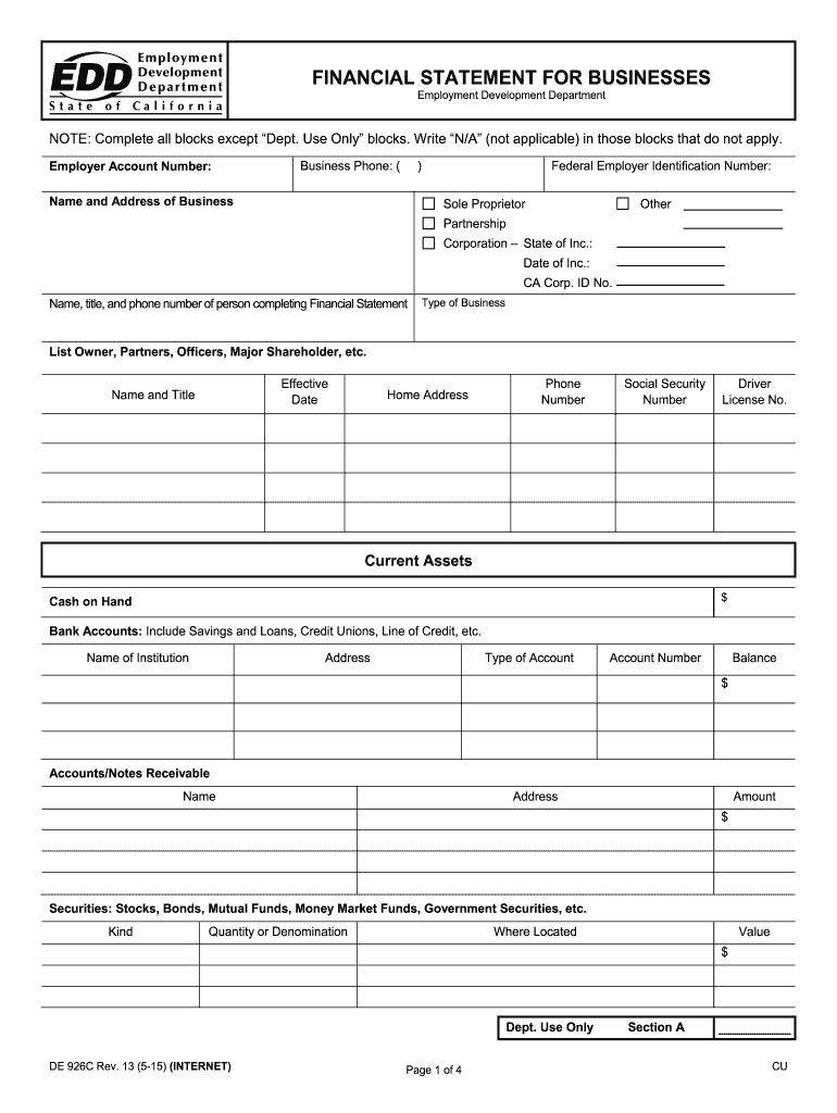 Get and Sign Financial Statement for Businesses DE 926C  Edd Ca 2003 Form