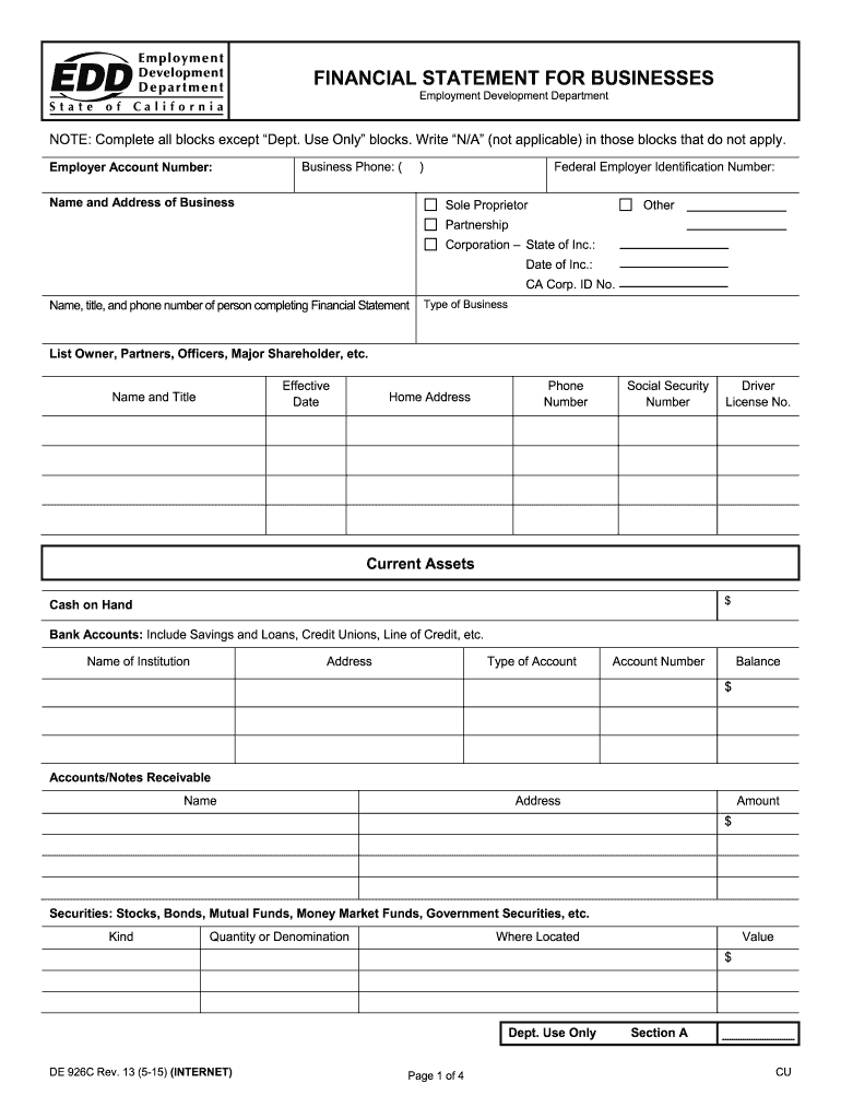  Financial Statement for Businesses DE 926C  Edd Ca 2003