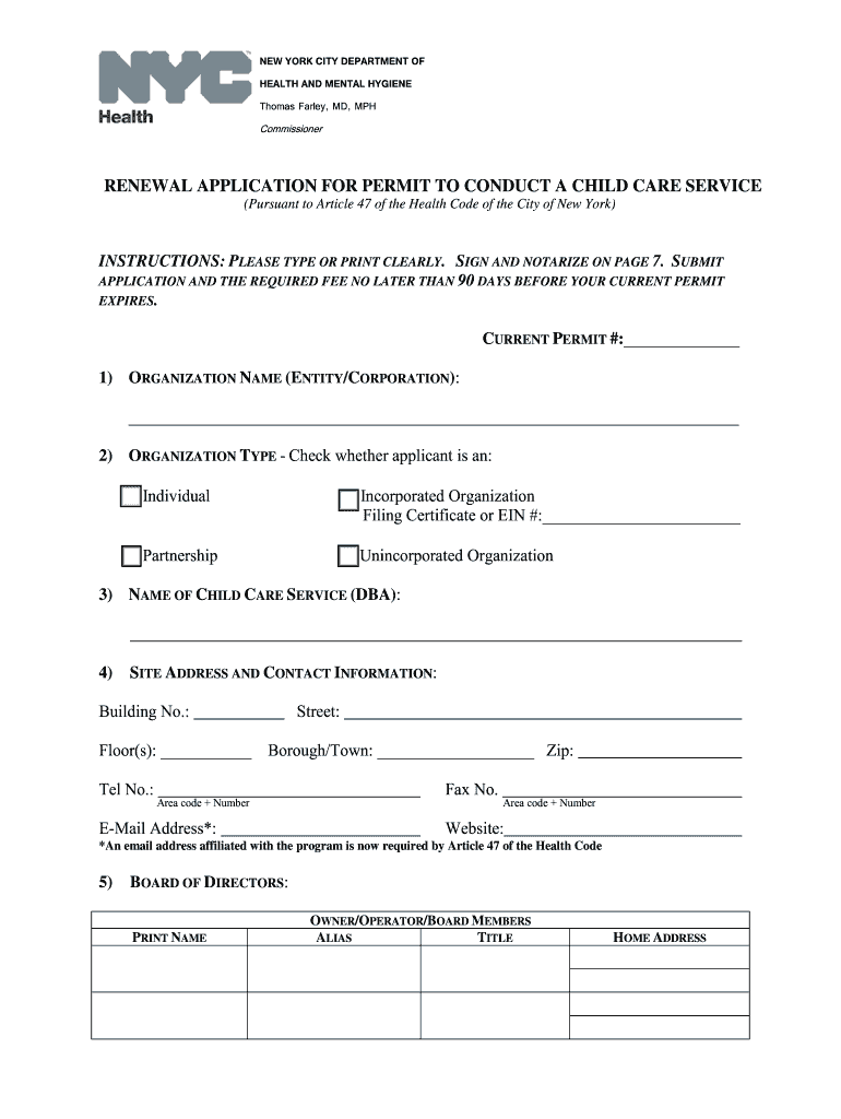 Renewal Application for Permit to Conduct a Child Care Service  Form