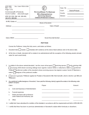 Get and Sign PetitionOrder to Dispense with Administration Surviving Spouse Courts Ky 2015 Form