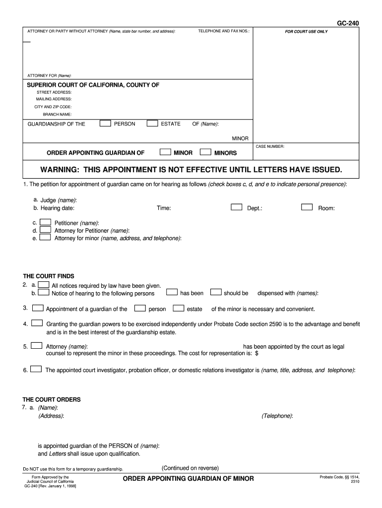  GC 240 ORDER APPOINTING GUARDIAN of MINOR Judicial Council Forms Courts Ca 1998