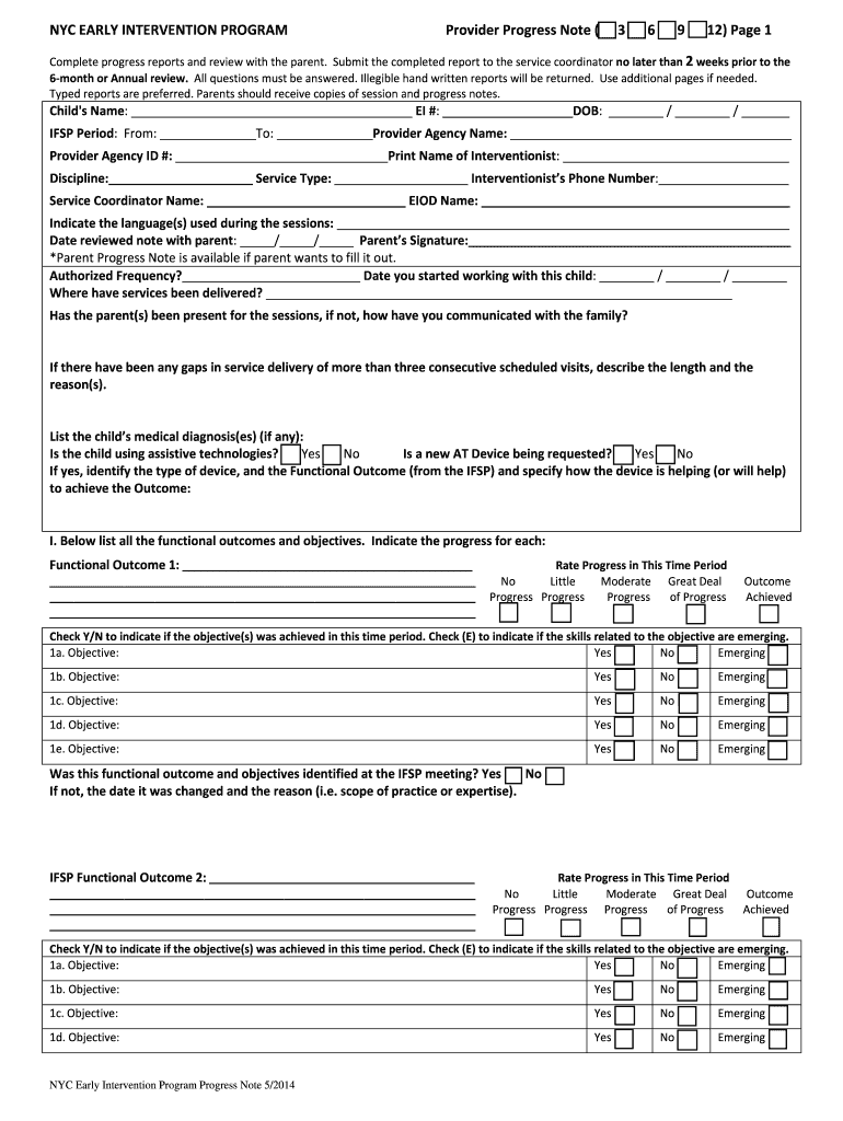 Get and Sign Early Intervention Progress  Form 2014