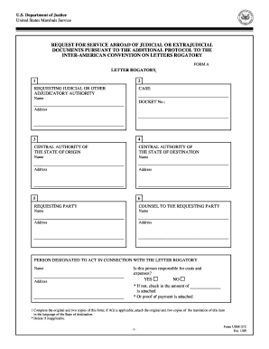 Department of Justice United States Marshals Service REQUEST for SERVICE ABROAD of JUDICIAL or EXTRAJUDICIAL DOCUMENTS PURSUANT   Form