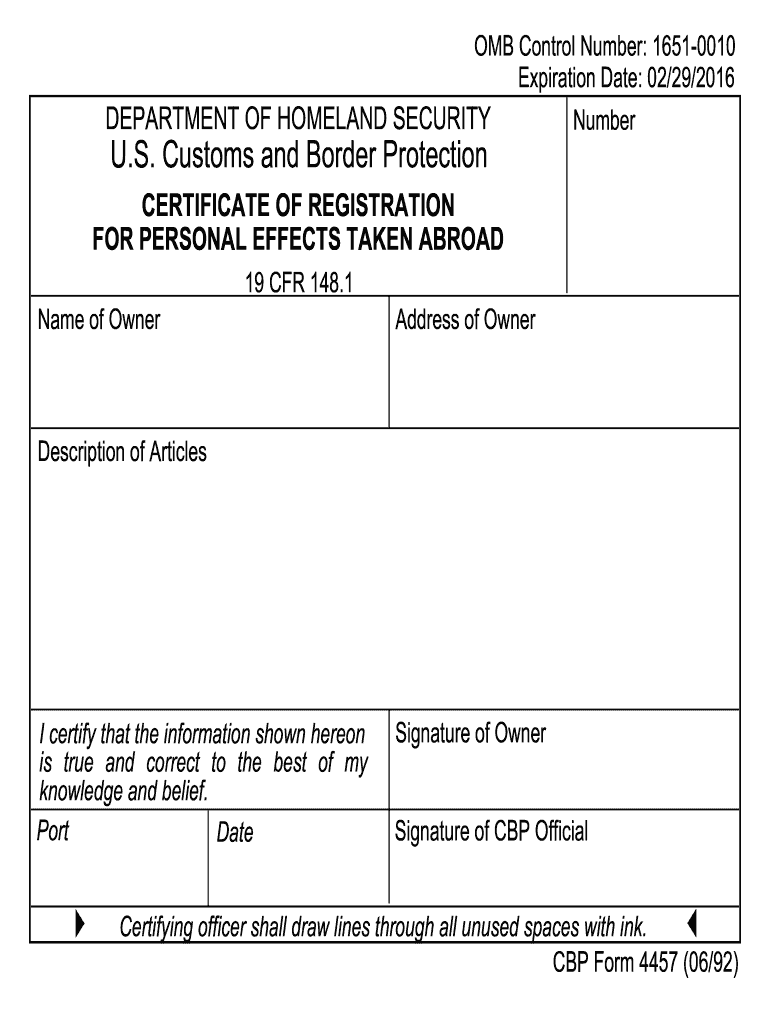  CBP Form 4457 PDF  Cbp 1992