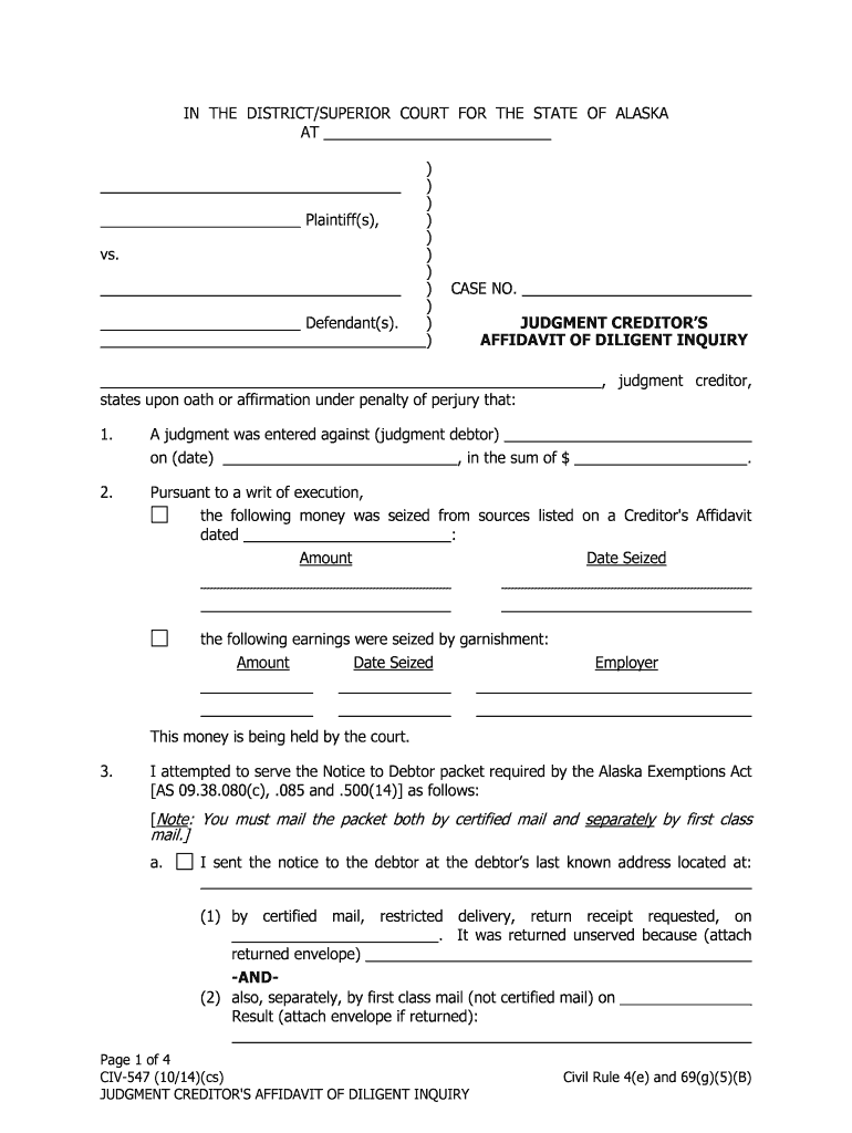 CIV 547 Judgment Creditor's Affidavit of Diligent Inquiry 10 14 Civil Forms