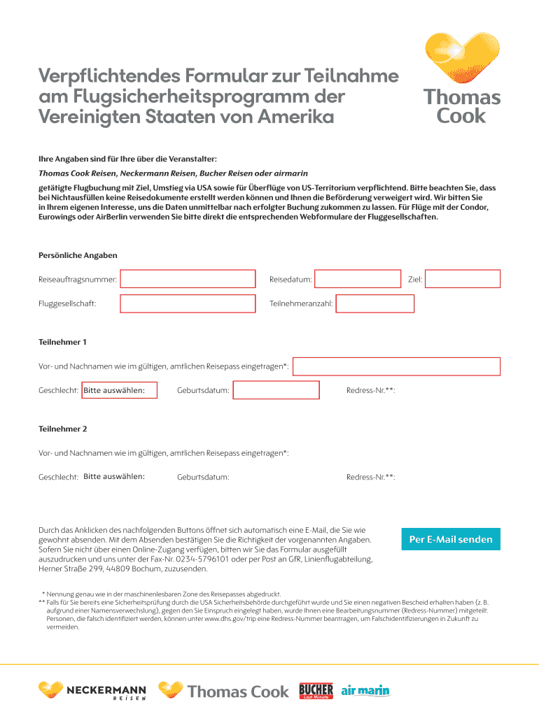 Verpflichtetes Formular Zur Teinahme Am Flugsicherheitsprogramm Der Vereinigten Staaten Von Amerika