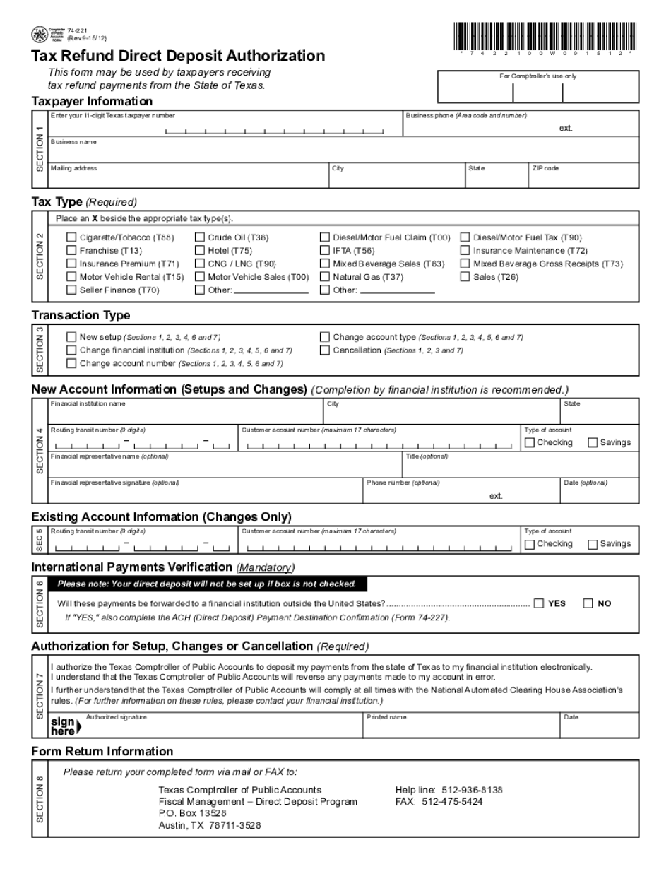 Form 74 221 Tax Refund Direct Deposit Authorization