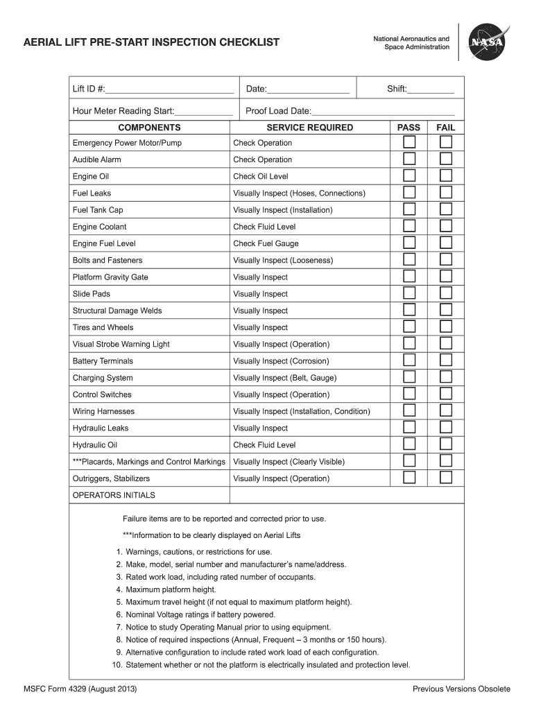 Weekly Aerial Lift Safety Checklist  Form