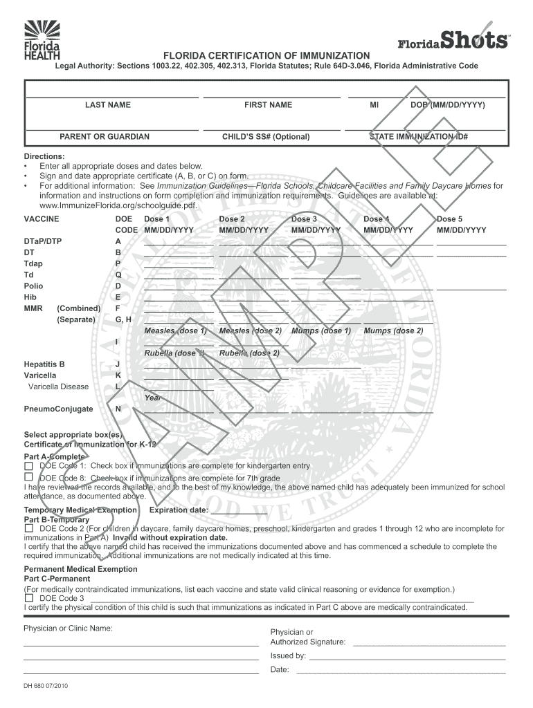 Florida Certification of Immunization  Form