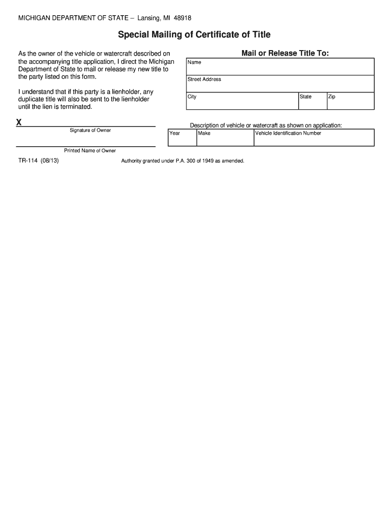 Michigan Special Mailer  Form